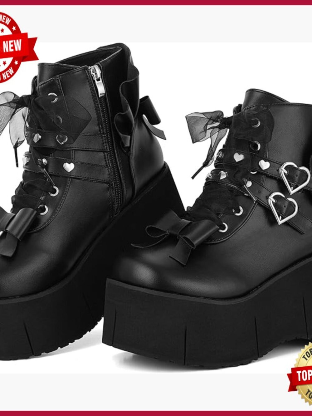 Black Platform Ankle Boots Goth Rave Punk Lace Up Zipper Chunky High Heels